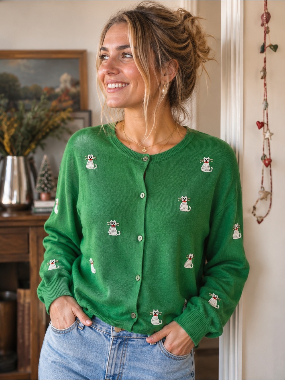 Susan Bristol Vintage Embroidered Cat Cardigan Sweater Green XL EUC